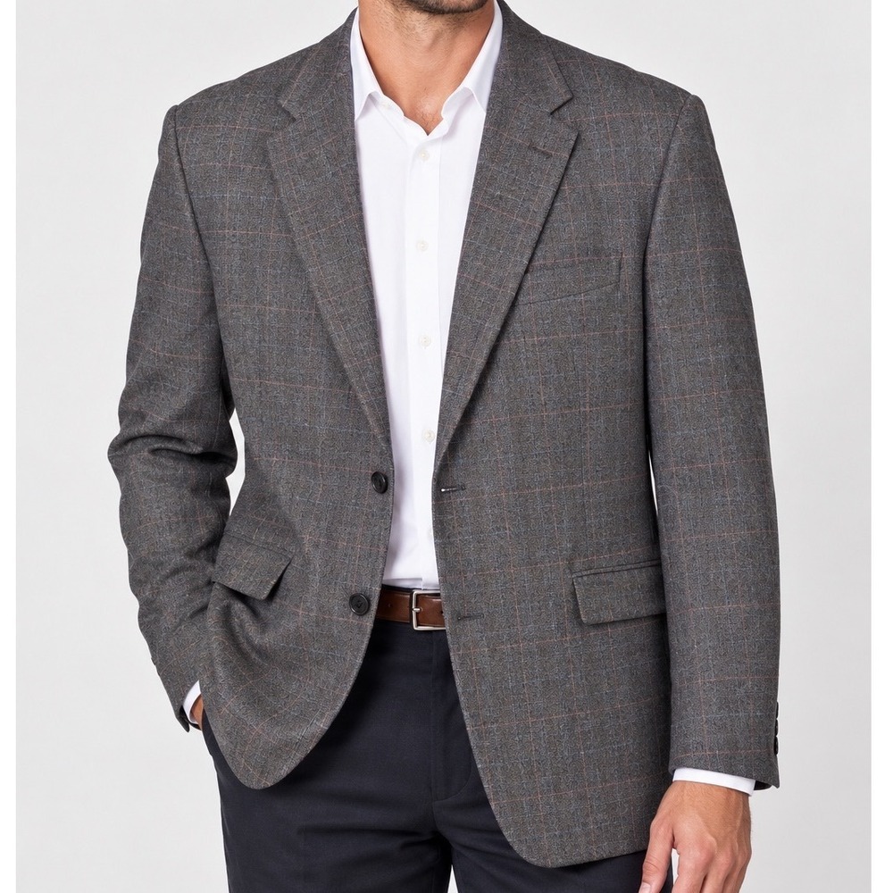 Vintage John Weitz Palm Beach 100% Wool Gray Plaid Blazer Sport Coat Mens XL 46L